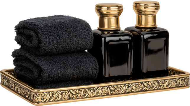 Luxury bathroom accessories on gold tray, isolated on transparent background