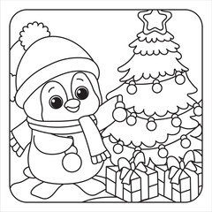 Penguin Decorating Christmas Tree Coloring Page