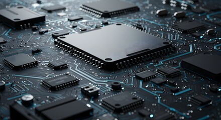 Close-Up of PCB Circuit Board with IC Chip and Electronic Components