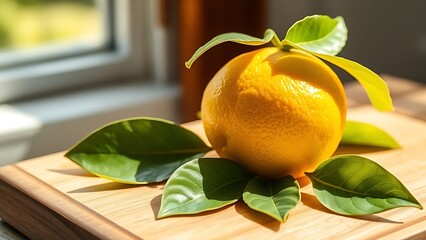 Fresh lemon with green leaves on wood, a vibrant still life with natural light and soft shadows.