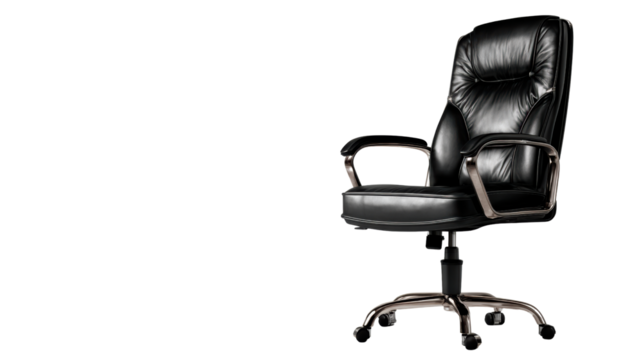 Black leather office chair on a white isolated background.