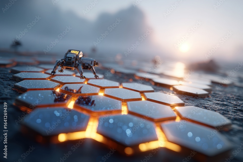 Poster advanced robot traversing glowing hexagonal modules over water at dawn