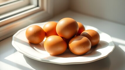 Fresh brown eggs arranged neatly on a white ceramic plate, bathed in natural light.