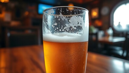 Close-up of a frosted beer glass with glistening condensation, evoking a cozy and inviting tavern atmosphere.