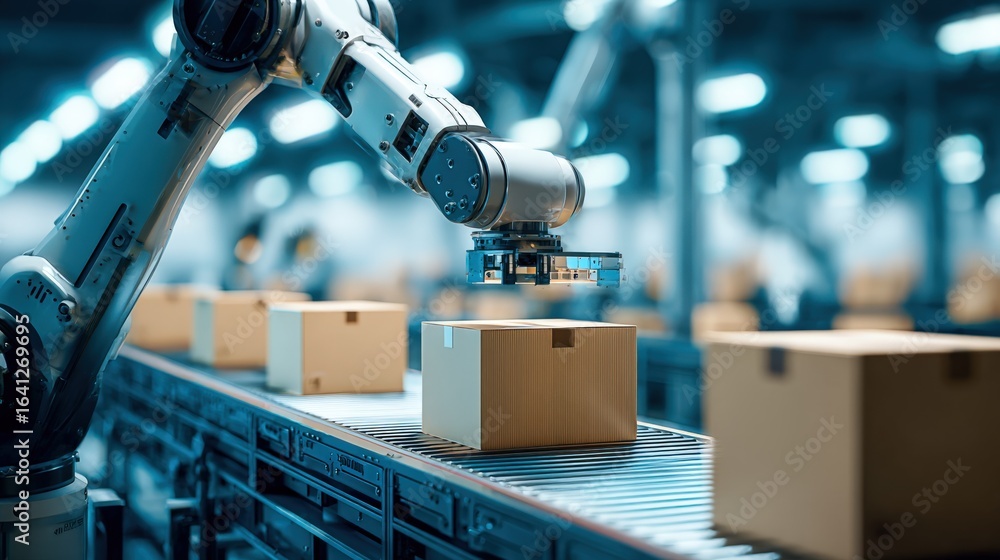 Poster automated production line: robot arm sorting cardboard boxes in a modern manufacturing facility