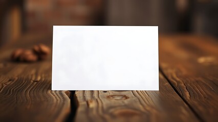 Blank greeting card resting on a rustic wooden surface with warm ambient light.