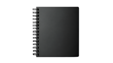 Black spiral notebook on a white isolated background, perfect for note-taking and organization.