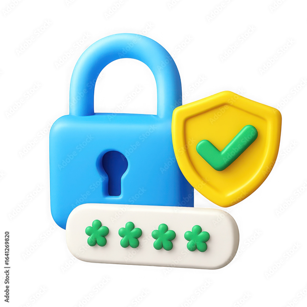 Poster blue padlock and yellow shield with green checkmark representing security and password protection 3d