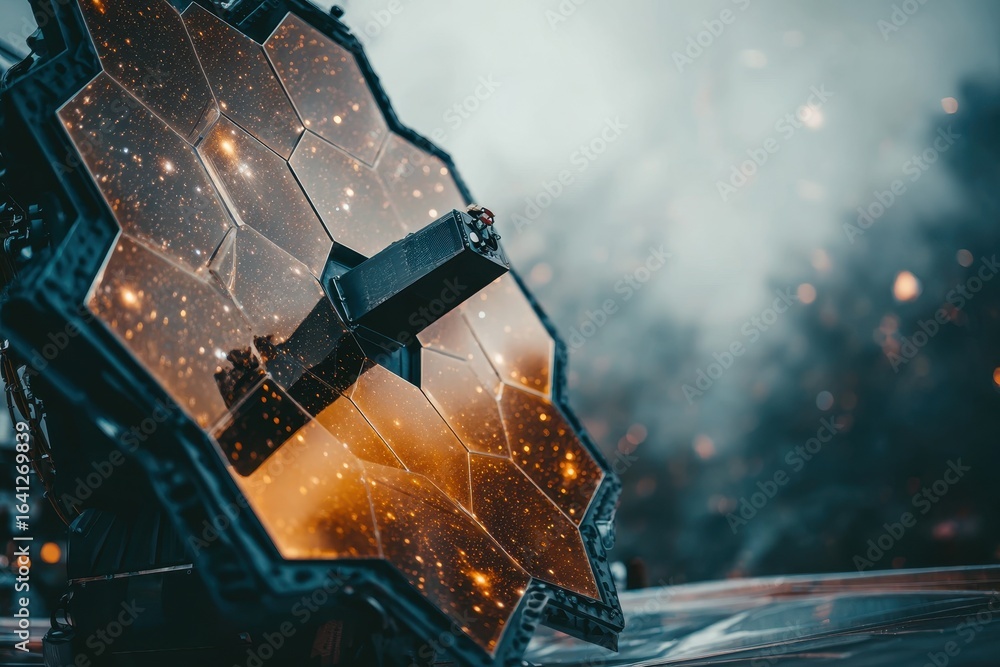 Poster high-tech hexagonal mirror array reflecting distant cosmic light and stars.