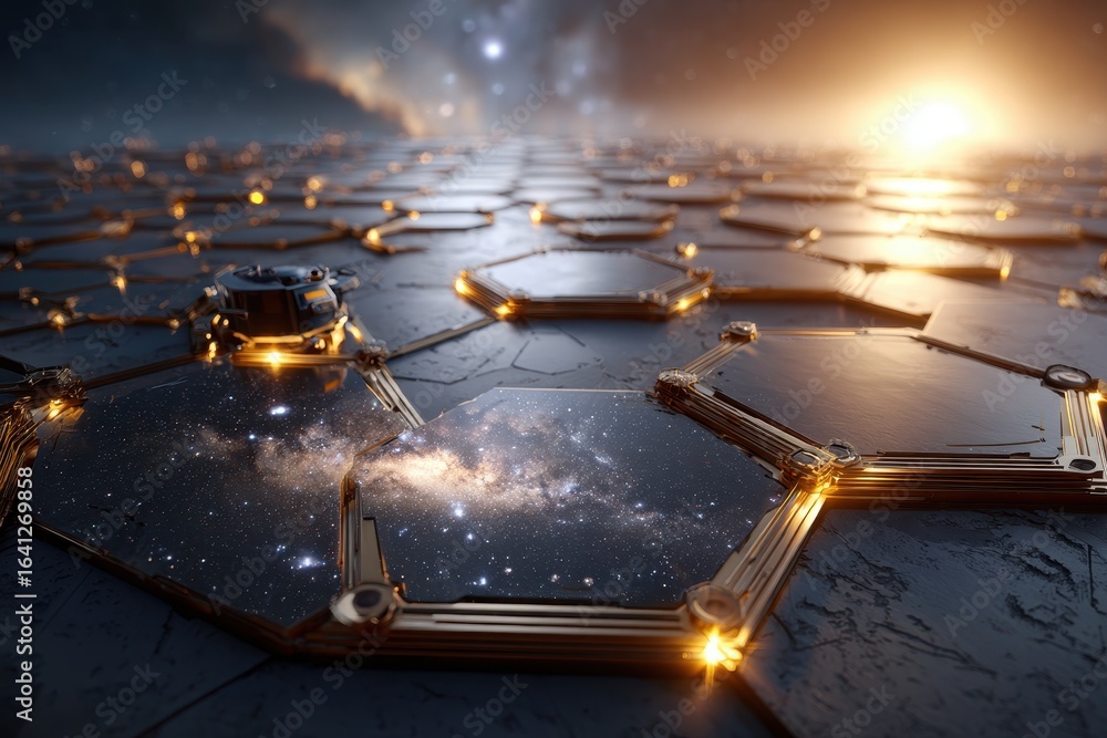 Poster high-tech futuristic platform with glowing hexagonal panels reflecting the cosmos.
