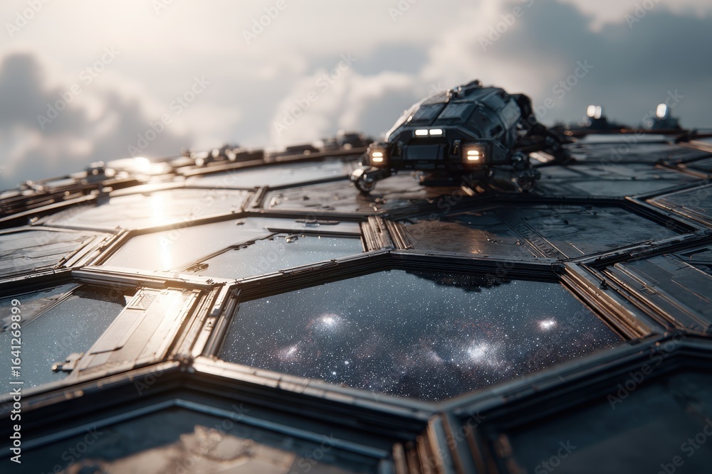 Poster advanced space vehicle on hexagonal landing pad reflecting cosmos and clouds.