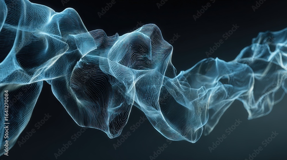Poster ethereal translucent wave structure in soft blue tones against a dark background, fluid modern abstr