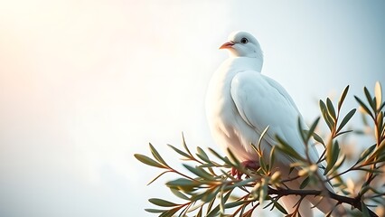 A white dove perched on olive branches, bathed in golden sunlight against a soft blue background, symbolizing peace.