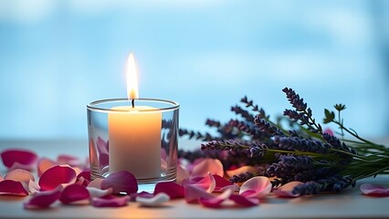 A solitary white candle burning amidst rose petals and lavender, casting a tranquil glow against a soft blue backdrop.