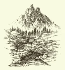 Mountain river and waterfall hand drawing © Danussa