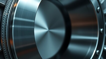 An abstract metallic circular structure with polished steel surface, reflecting geometric patterns under cool lighting.