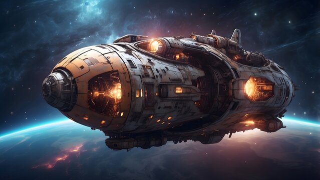 A derelict spaceship floating near a massive glowing star. Cinematic theme, HDR, Vibrant