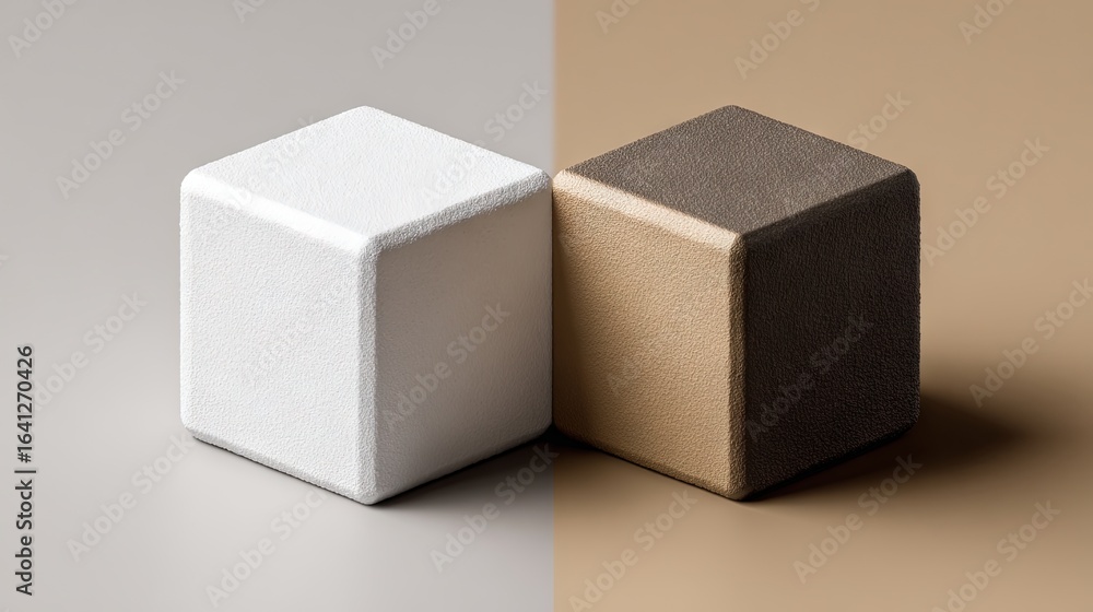 Poster minimalist composition with two adjacent cubes in contrasting white and brown tones on a split backg