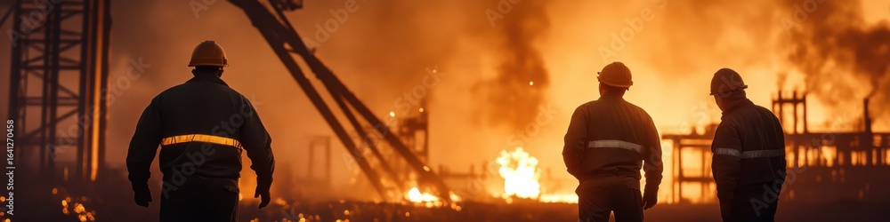 Poster furnace operators collaborate in high-temperature environment during evening operations