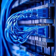 Network cables server rack blue ethernet data infrastructure