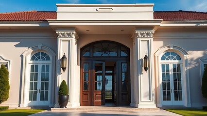Grand entrance of a luxurious house under a blue sky with clean architectural composition.