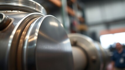 A close-up view of an industrial metal component with a polished surface, highlighting intricate details.