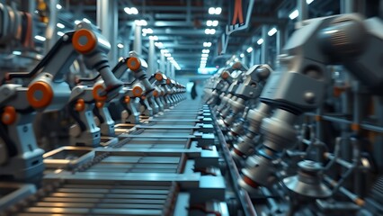 Industrial assembly line with robotic arms, bathed in cool blue light and dynamic motion blur.