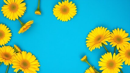 Vibrant yellow gerbera flowers arranged simply against a deep blue background, embodying spring's cheerful essence.