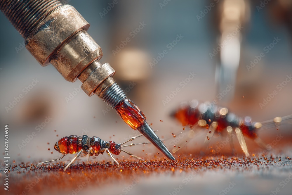 Aufkleber macro view of an intricate robotic ant with metallic parts and amber core, near a futuristic stylus 