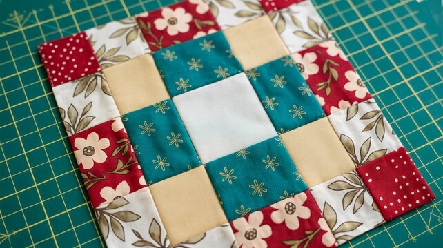 Handmade patchwork quilt block with floral and polka dot patterns fabric sewing