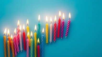 Colorful birthday candles of varying heights glowing softly, arranged on a gradient blue background.