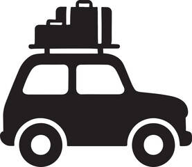 Road trip car with roof luggage silhouette, ideal for travel, adventure, and vacation vector designs.