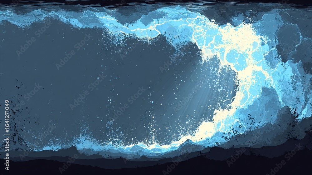 Poster Abstract turbulent ocean wave in deep blue and cyan tones with glowing crest highlights, dynamic water-inspired texture for modern design concepts