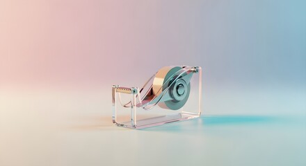Clear plastic tape dispenser with roll of golden tape against a gradient background