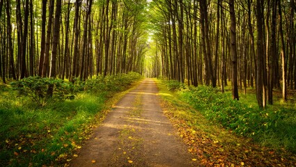 Fototapeta premium Forest road with green trees, summer nature scenic view