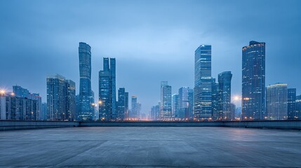 Cityscape Panorama at Dusk: Modern Skyline View with Empty Urban Platform for Commercial Use