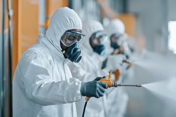 Form sprayers are applying materials in a manufacturing facility with safety gear and protective clothing