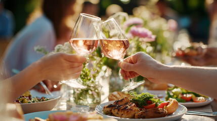 Two hands toasting with rose wine glasses over gourmet meal at outdoor restaurant. Elegant dining experience with fresh food and natural sunlight creating romantic atmosphere for wine tasting.