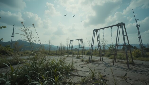 An abandoned park with rusty swings and overgrown grass