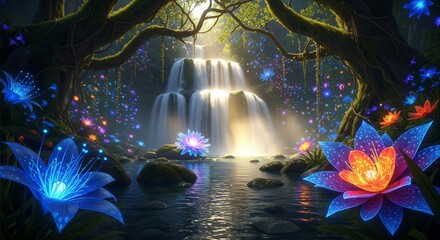 Mystical Landscape: Sunlit Waterfall and Bioluminescent Flowers