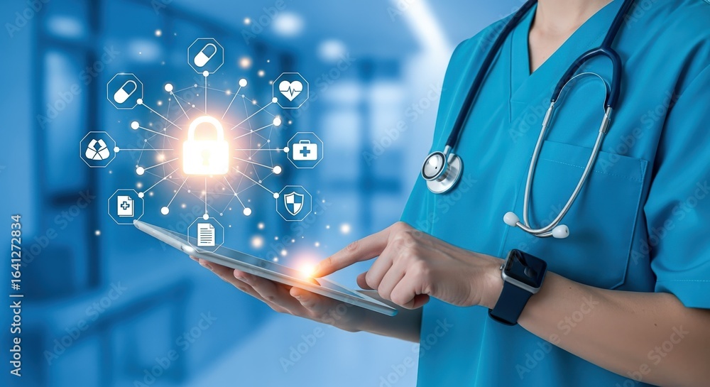 Poster doctor using tablet with digital security overlay: protecting patient data with modern technology