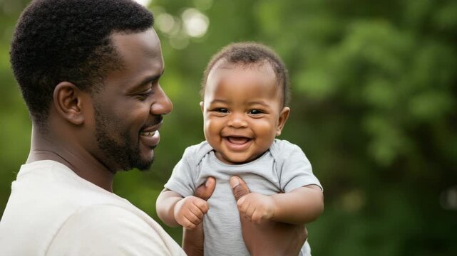 Happy black father holding smiling baby outdoors in green park  