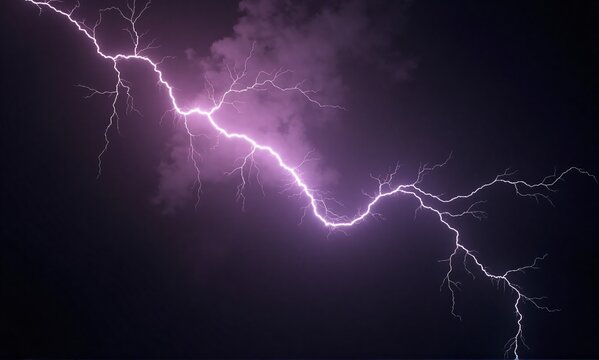A vibrant purple lightning bolt illuminates a dark, stormy night sky, showcasing nature's raw power and dramatic weather.