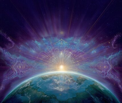 Light piercing universe, touching Earth with cosmic grace. A new world emerging in radiant love. Spiritual awakening unfolds in harmony with the divine and infinite creation. Copy space.