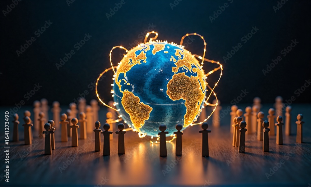 Poster a luminous earth orbited by glowing data lines, surrounded by a multitude of interconnected figures,