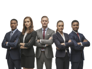 Five diverse business people in suits with arms crossed against isolated on white transparent background png jpg business people clipping path cutout 2025 2026 4k full hd poster banner label download