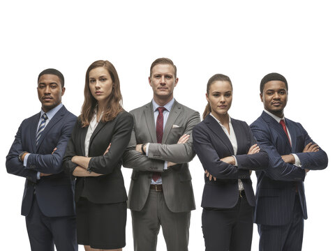 Five diverse business people in suits with arms crossed against isolated on white transparent background png jpg business people clipping path cutout 2025 2026 4k full hd poster banner label download