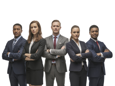 Five diverse business people in suits with arms crossed against isolated on white transparent background png jpg business people clipping path cutout 2025 2026 4k full hd poster banner label download