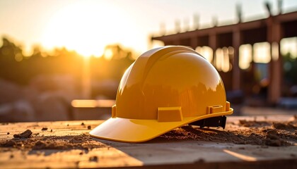 Bright yellow hard hat on construction site