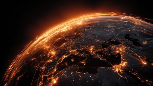 Global network of glowing city lights